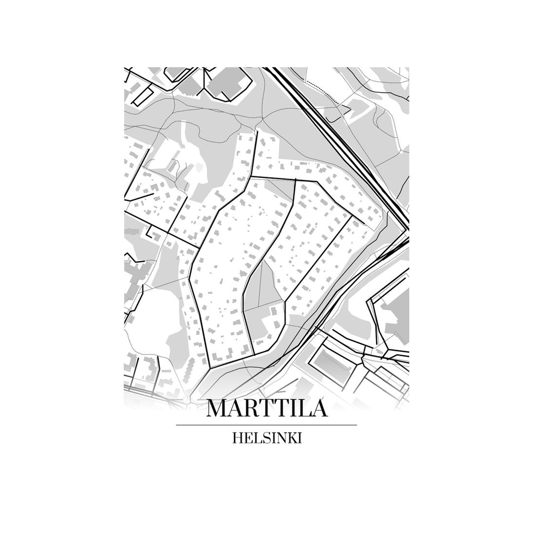 Marttila-karttataulu: mustavalkoinen katukartta kaupungin katuverkosta