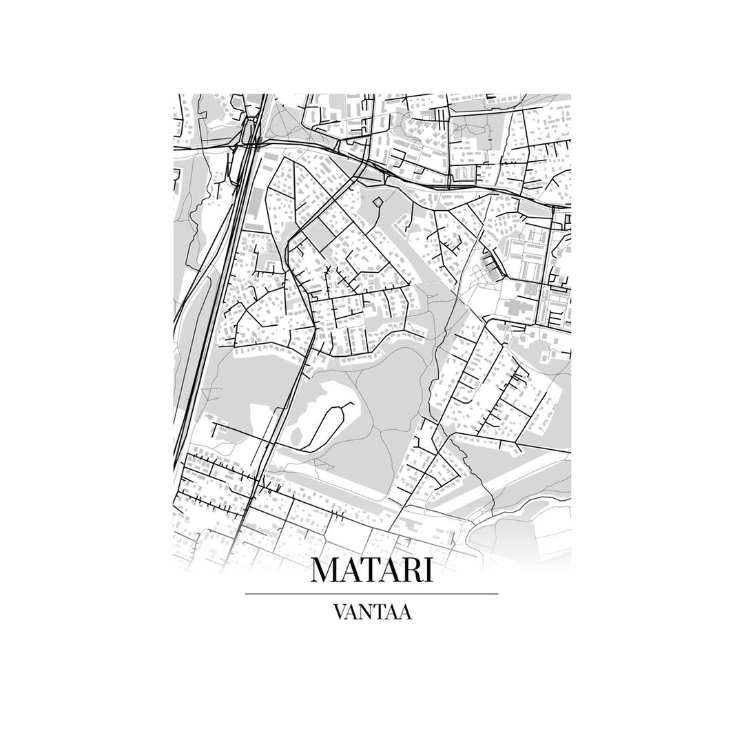 Matari-karttataulu: mustavalkoinen katukartta kaupungin katuverkosta
