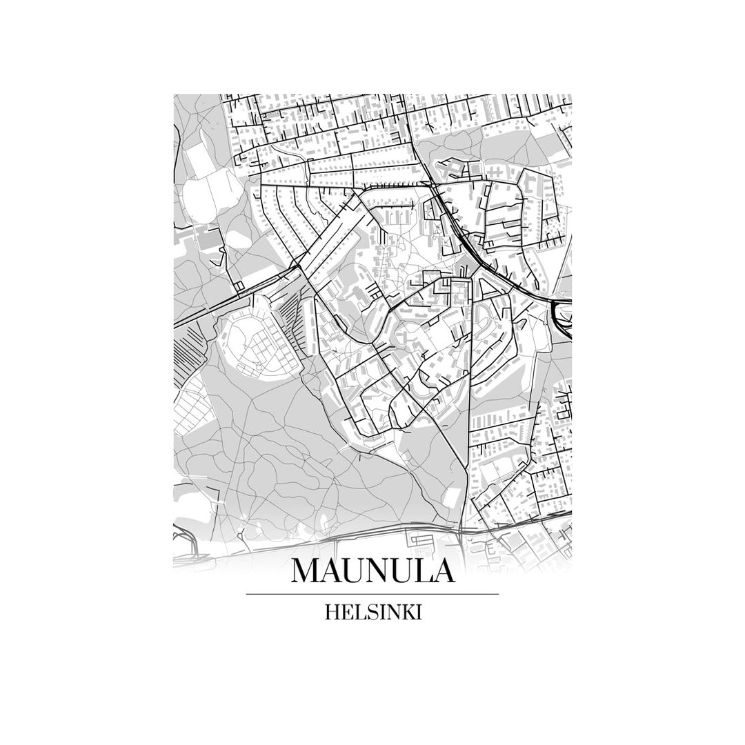 Maunula-karttataulu: mustavalkoinen katukartta kaupungin katuverkosta