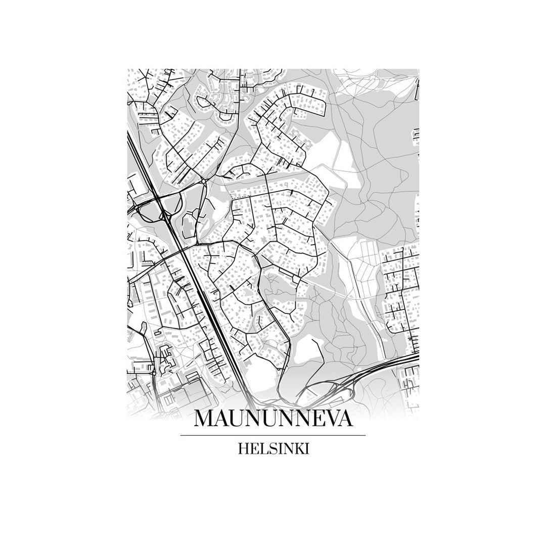 Maununneva-karttataulu: mustavalkoinen katukartta kaupungin katuverkosta
