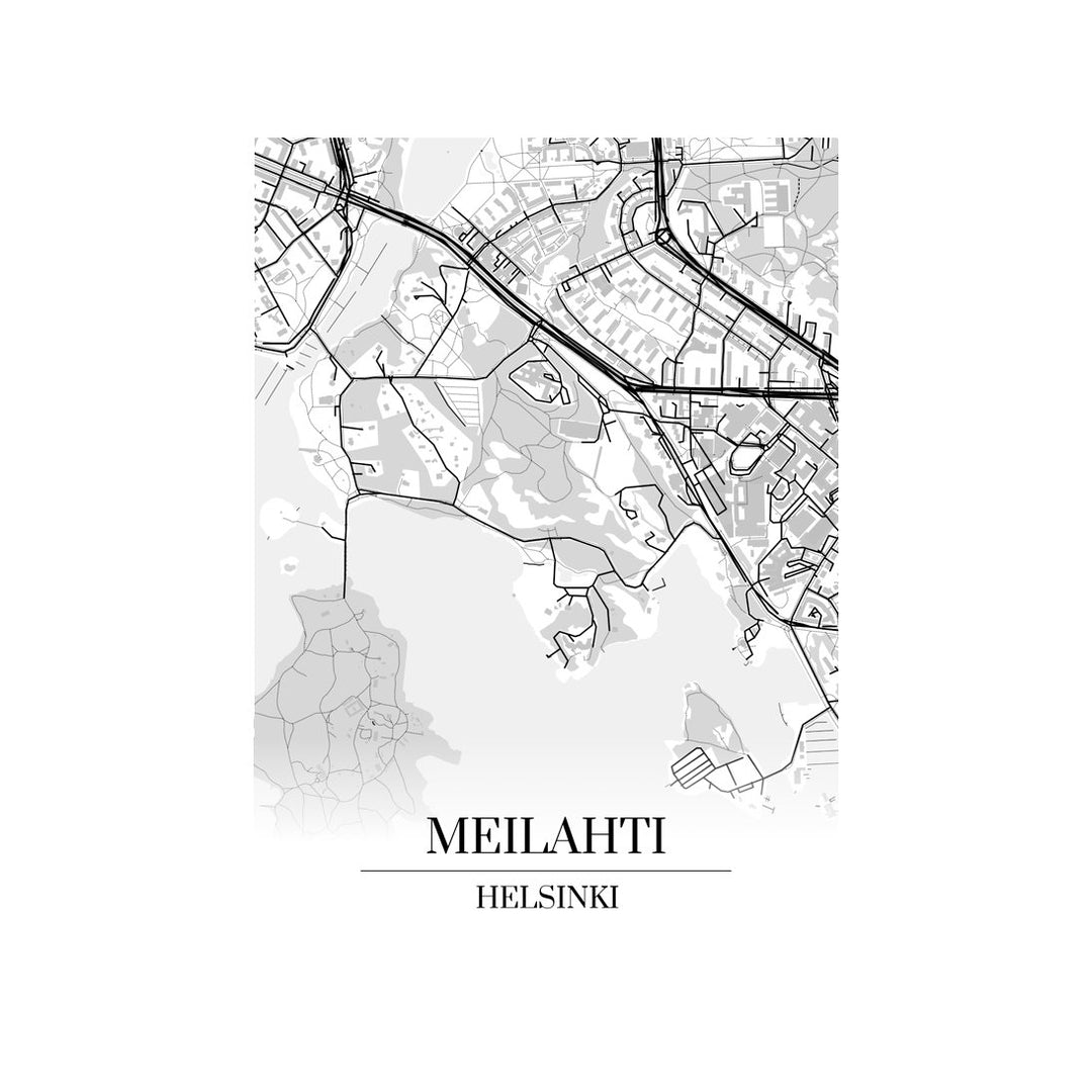 Meilahti-karttataulu: mustavalkoinen katukartta kaupungin katuverkosta