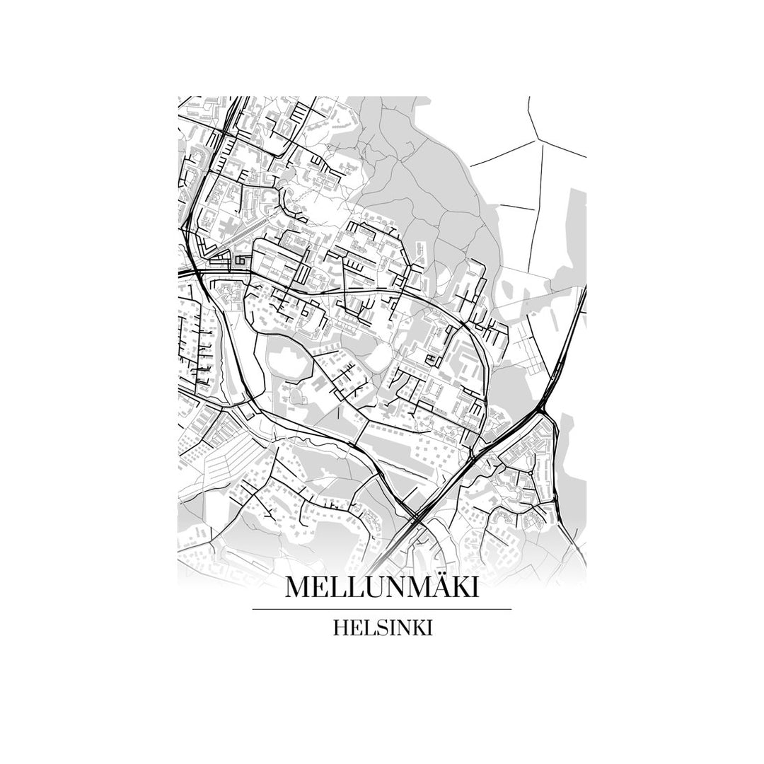 Mellunmäki-karttataulu: mustavalkoinen katukartta kaupungin katuverkosta