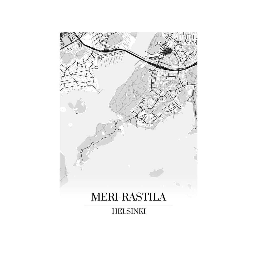 Meri-Rastila-karttataulu: mustavalkoinen katukartta kaupungin katuverkosta
