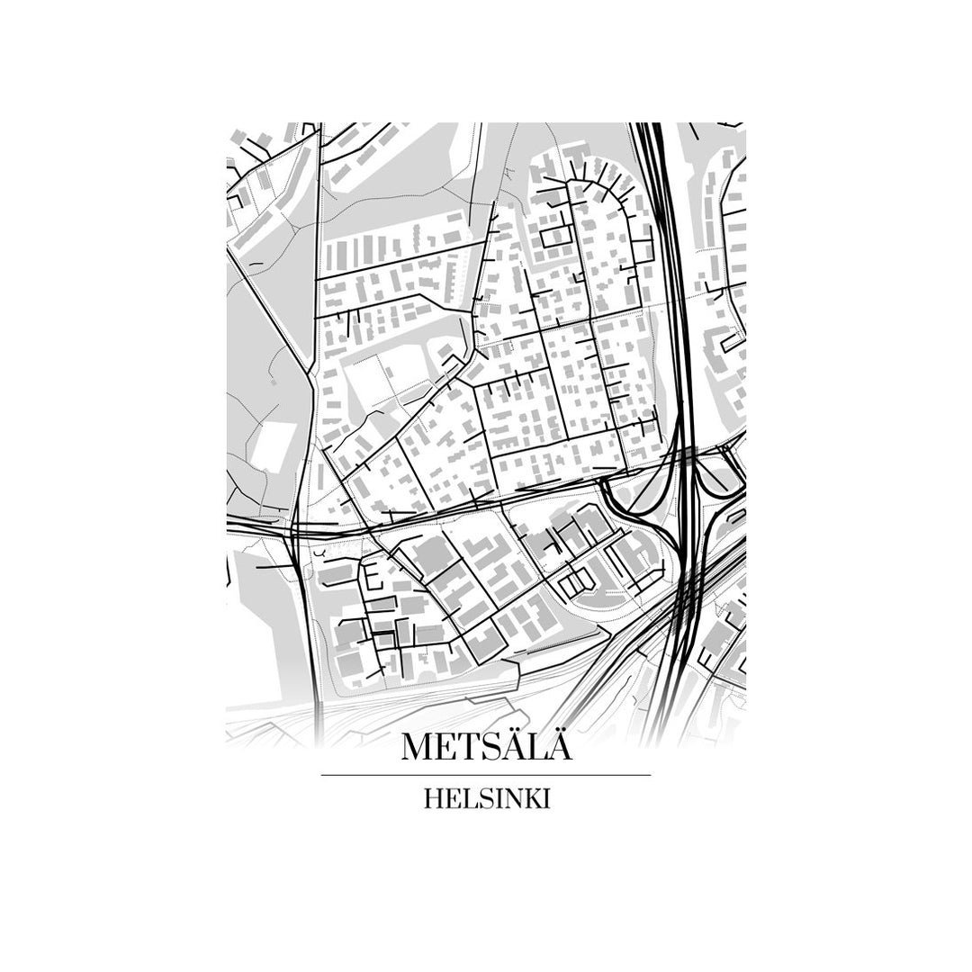Metsälä-karttataulu: mustavalkoinen katukartta kaupungin katuverkosta