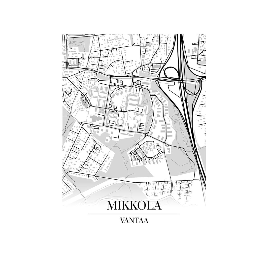 Mikkola-karttataulu: mustavalkoinen katukartta kaupungin katuverkosta