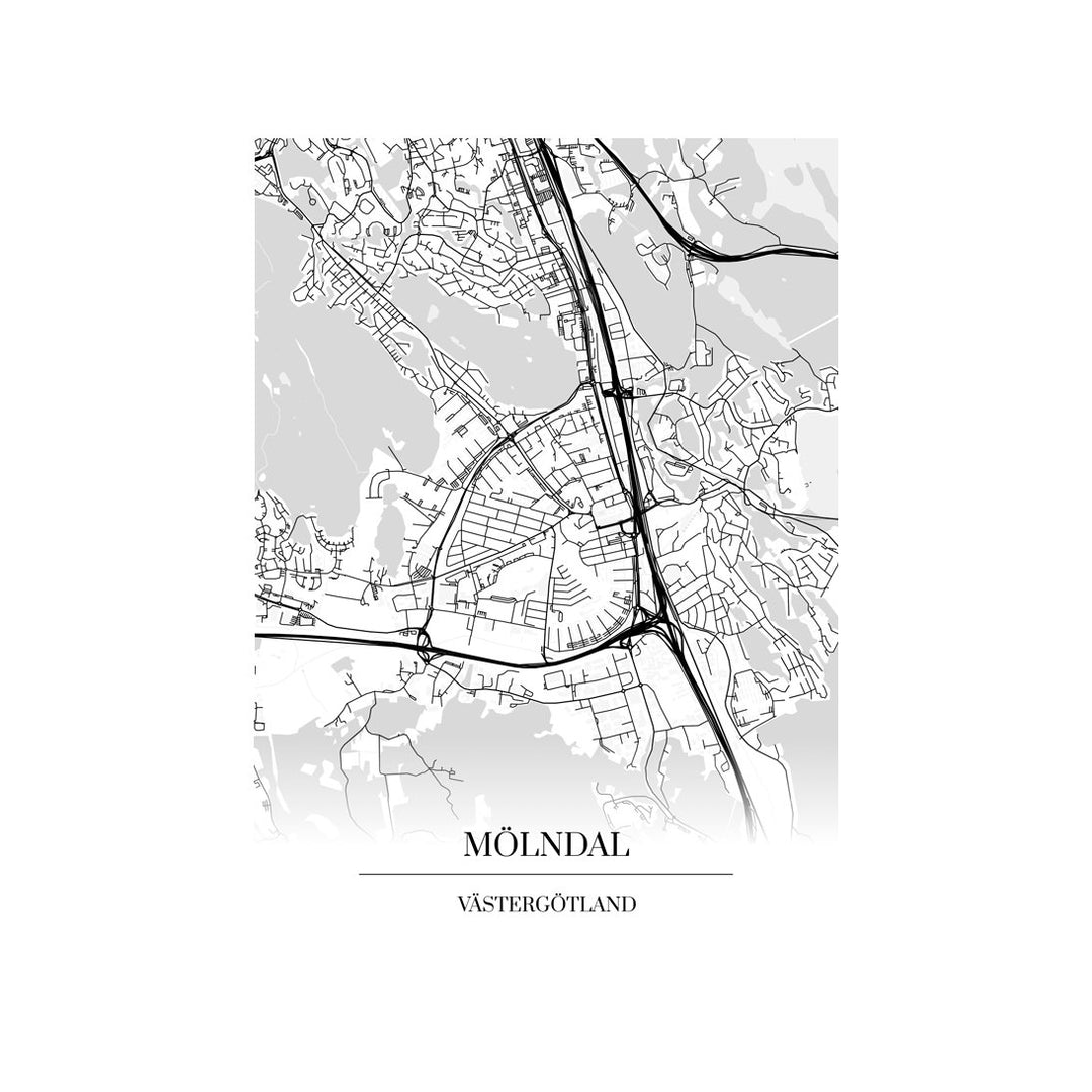 Mölndal-karttataulu: mustavalkoinen katukartta kaupungin katuverkosta