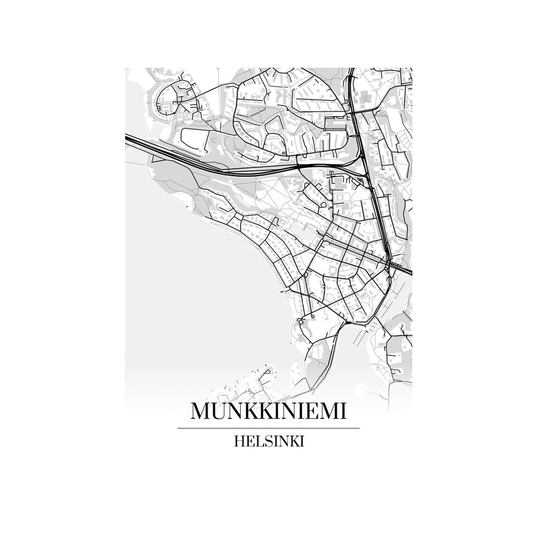Munkkiniemi-karttataulu: mustavalkoinen katukartta kaupungin katuverkosta