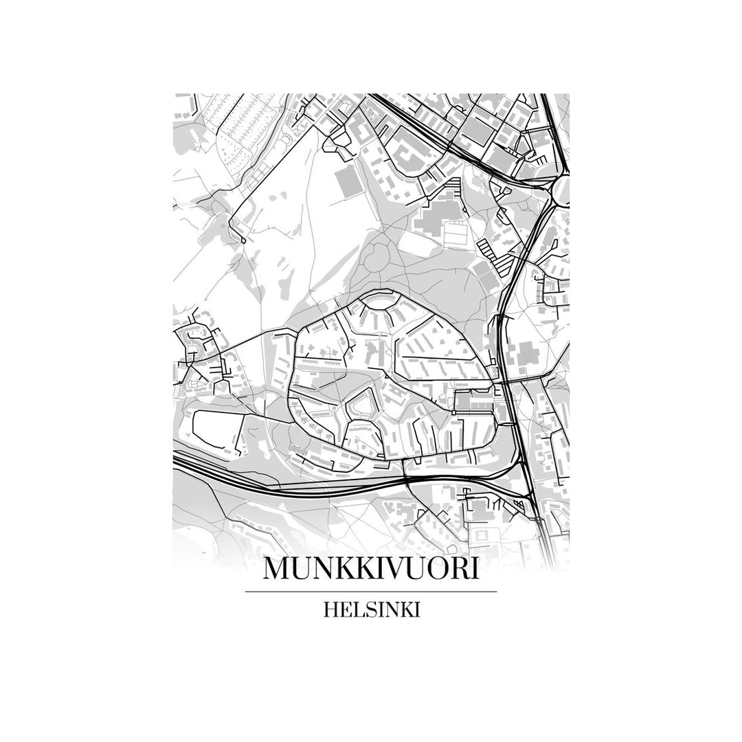 Munkkivuori-karttataulu: mustavalkoinen katukartta kaupungin katuverkosta