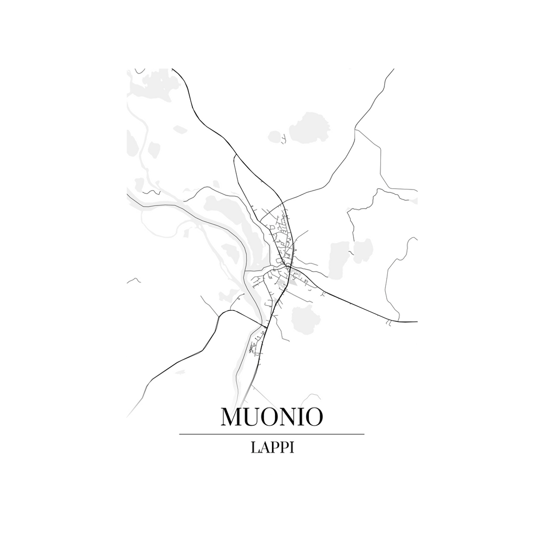 Muonio-karttataulu: mustavalkoinen katukartta kaupungin katuverkosta