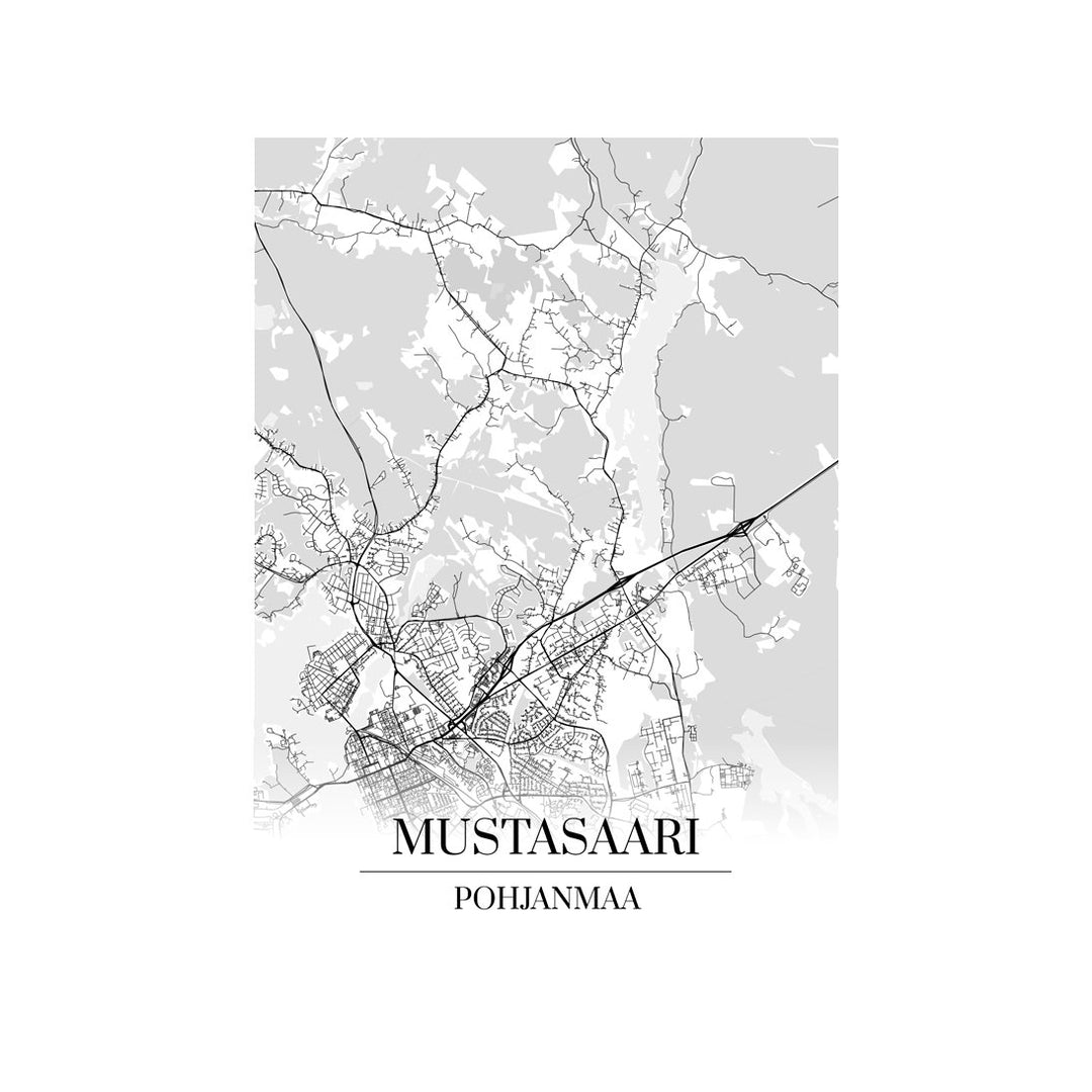 Mustasaari-karttataulu: mustavalkoinen katukartta kaupungin katuverkosta