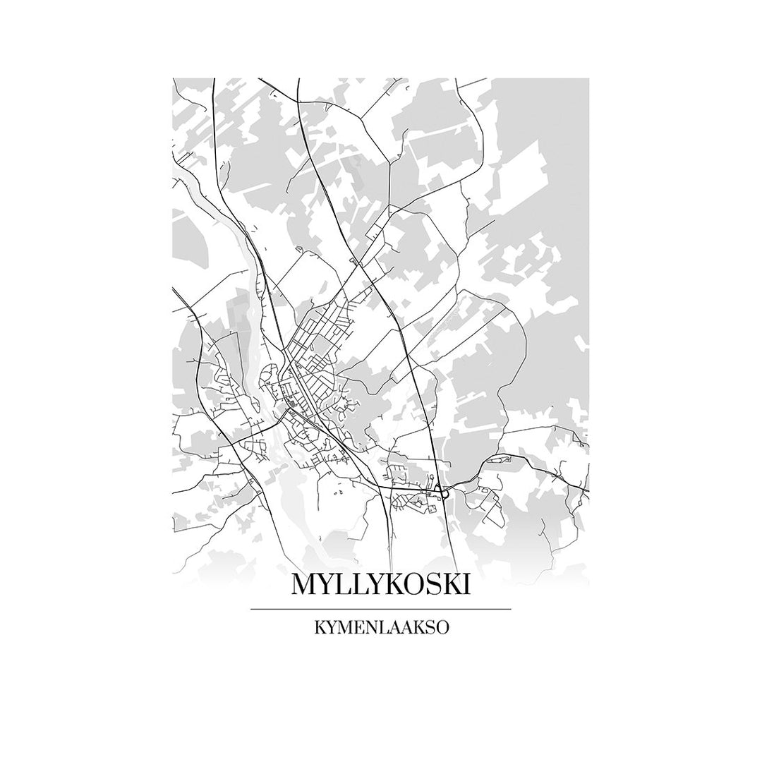 Myllykoski-karttataulu: mustavalkoinen katukartta kaupungin katuverkosta