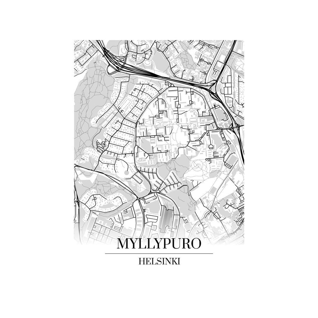 Myllypuro-karttataulu: mustavalkoinen katukartta kaupungin katuverkosta