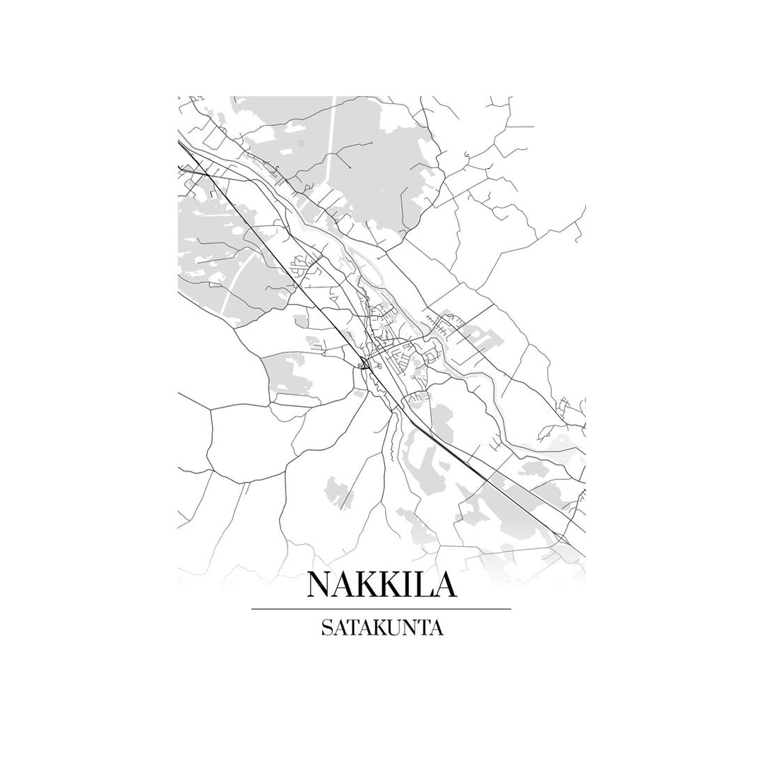 Nakkila-karttataulu: mustavalkoinen katukartta kaupungin katuverkosta