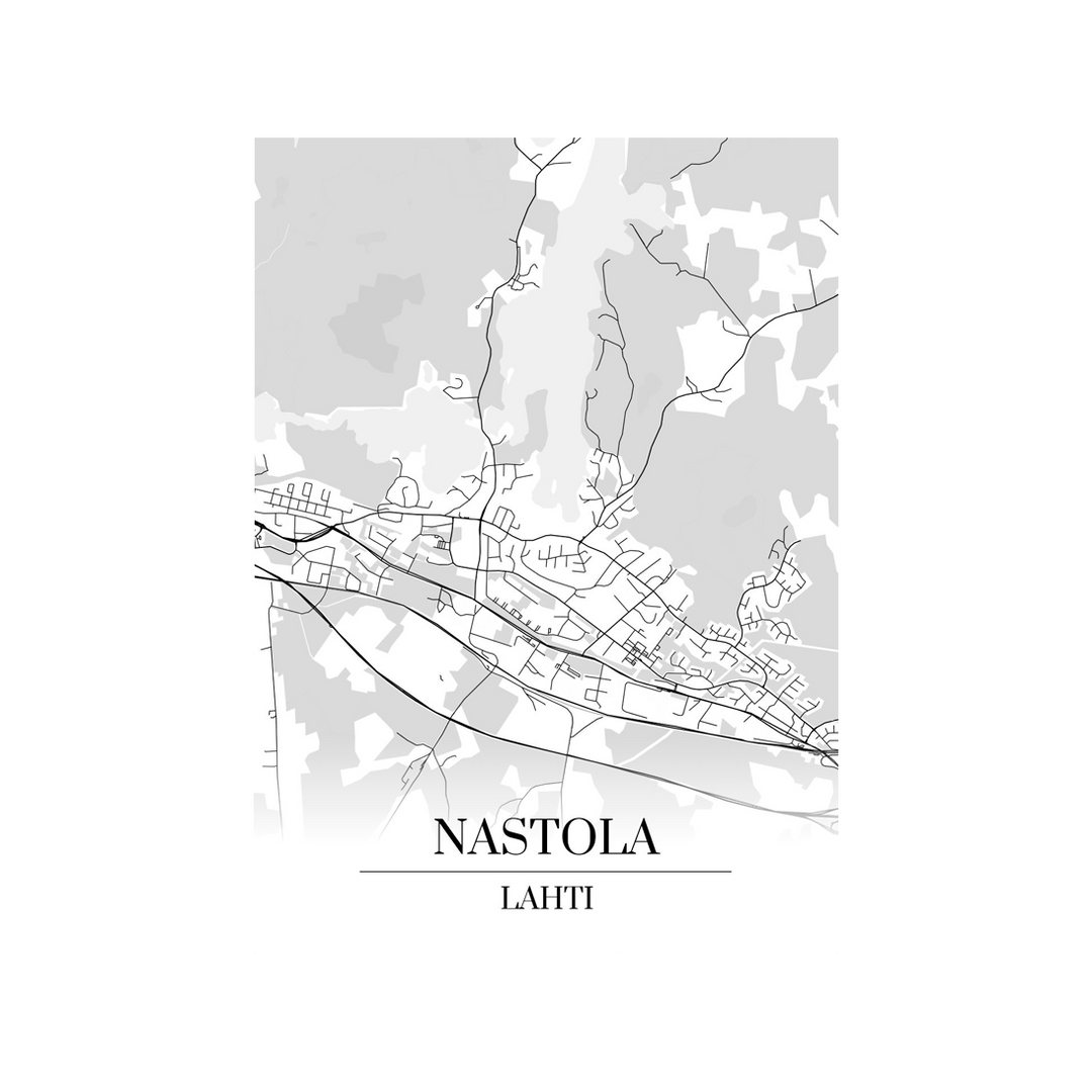 Nastola-karttataulu: mustavalkoinen katukartta kaupungin katuverkosta