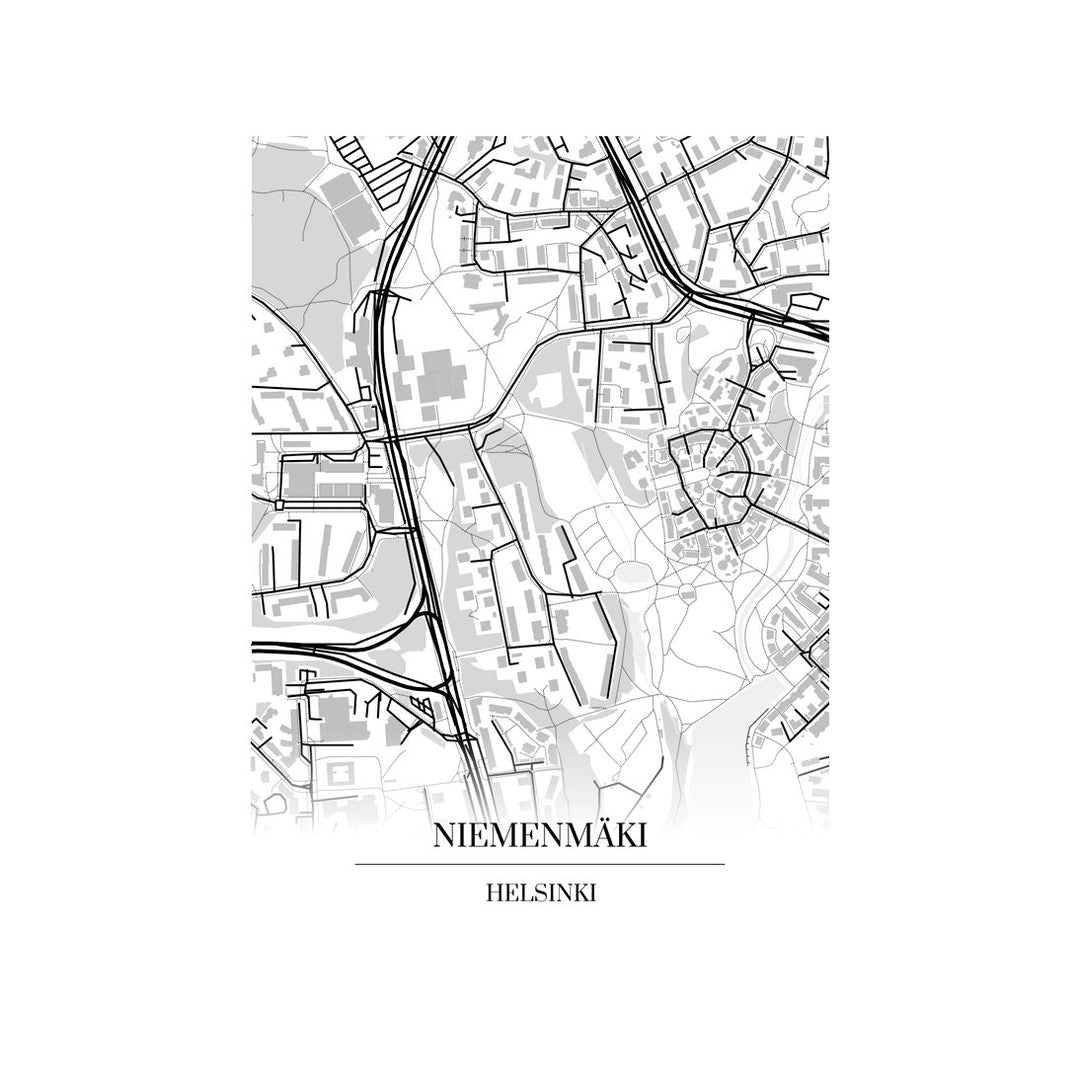 Niemenmäki-karttataulu: mustavalkoinen katukartta kaupungin katuverkosta