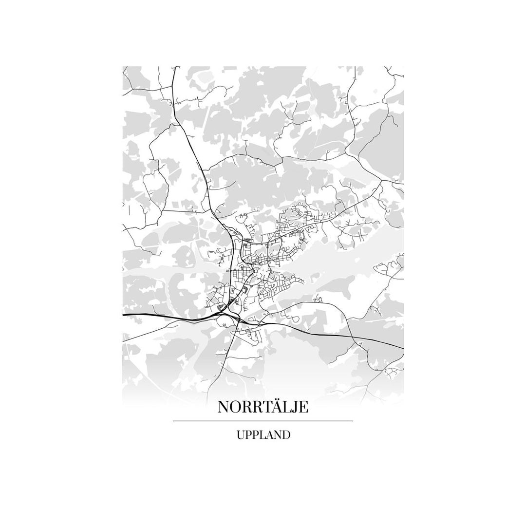 Norrtälje-karttataulu: mustavalkoinen katukartta kaupungin katuverkosta