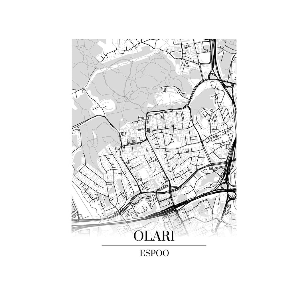 Olari-karttataulu: mustavalkoinen katukartta kaupungin katuverkosta