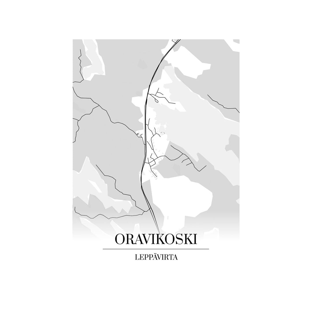 Oravikoski-karttataulu: mustavalkoinen katukartta kaupungin katuverkosta