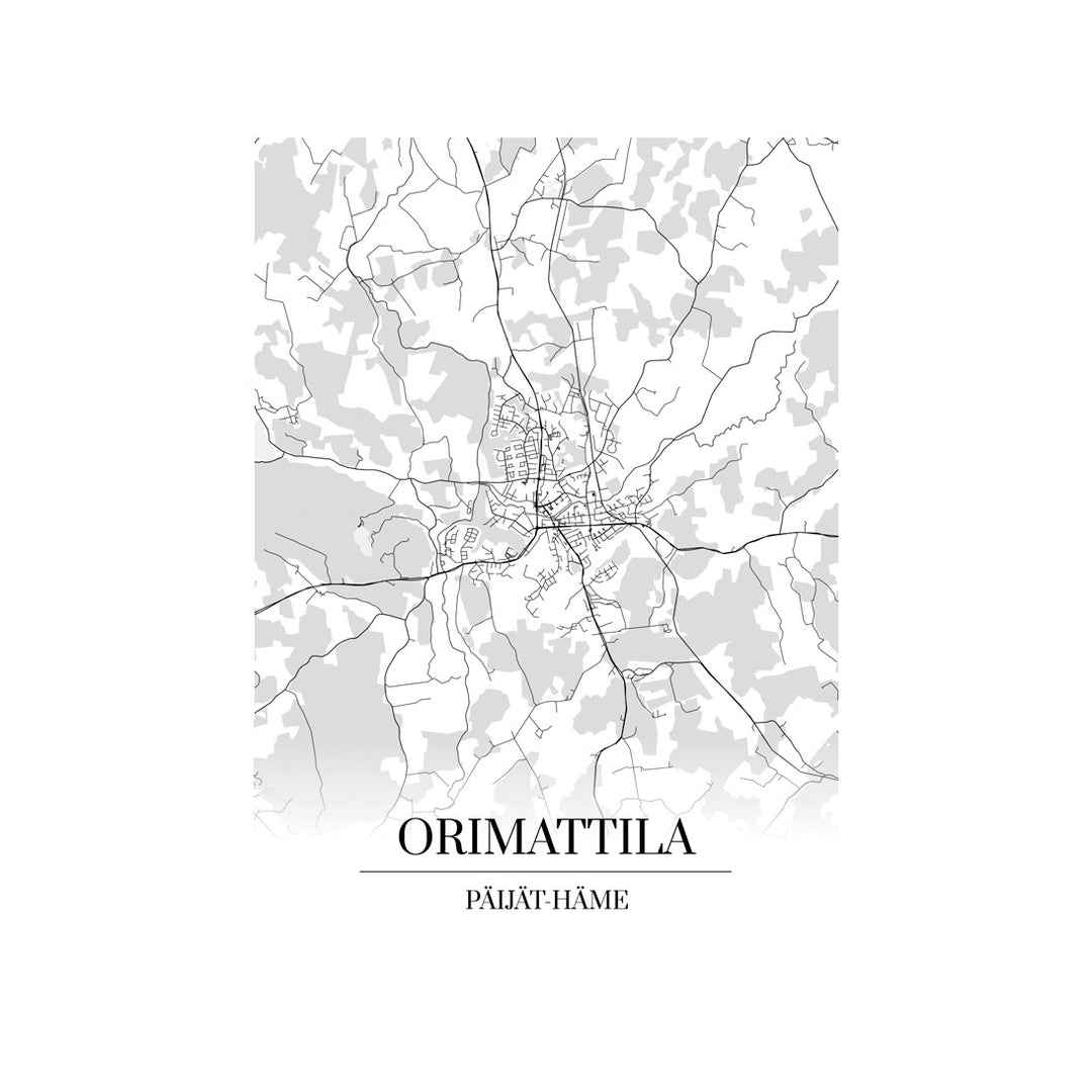 Orimattila-karttataulu: mustavalkoinen katukartta kaupungin katuverkosta
