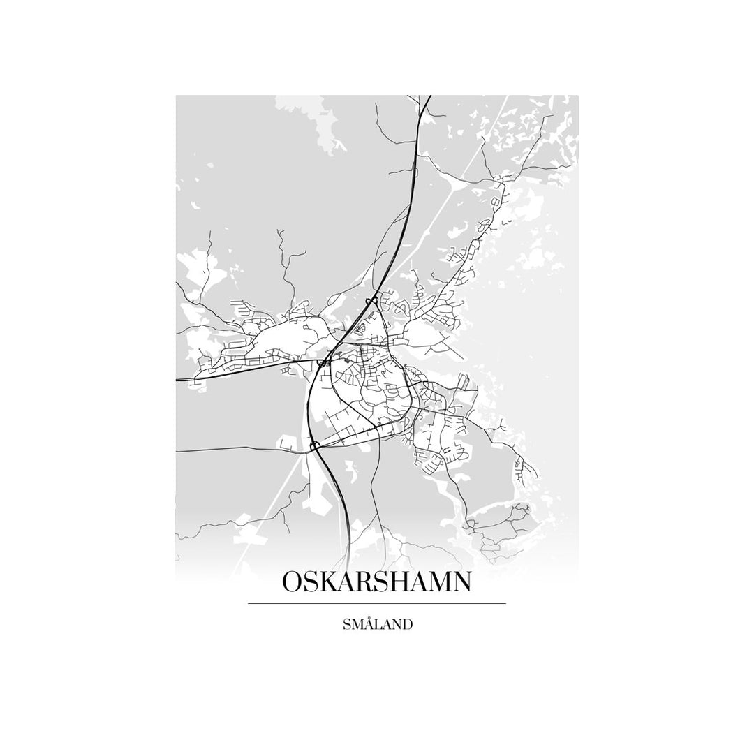 Oskarshamn-karttataulu: mustavalkoinen katukartta kaupungin katuverkosta