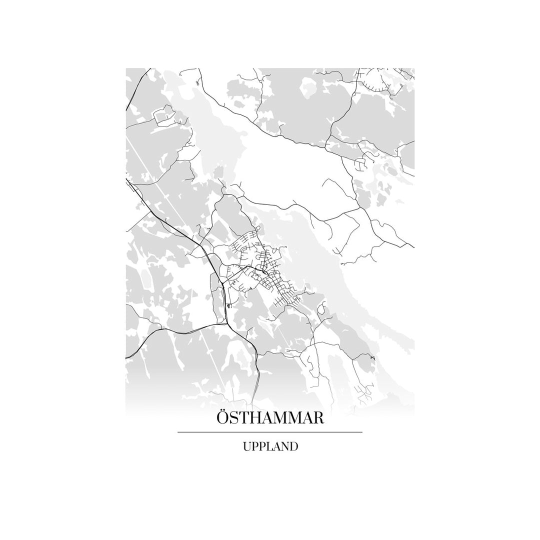 Östhammar-karttataulu: mustavalkoinen katukartta kaupungin katuverkosta