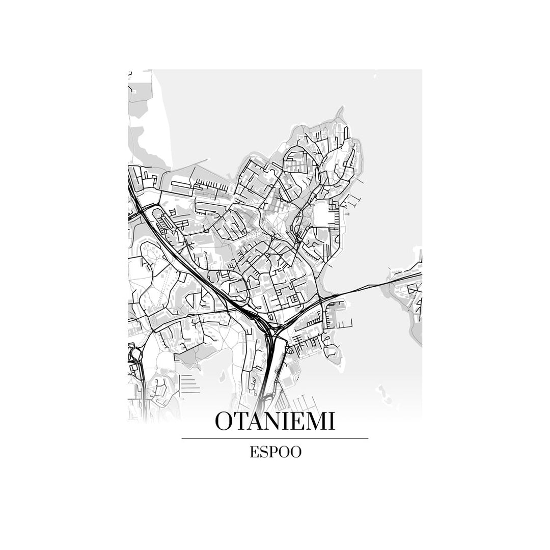 Otaniemi-karttataulu: mustavalkoinen katukartta kaupungin katuverkosta