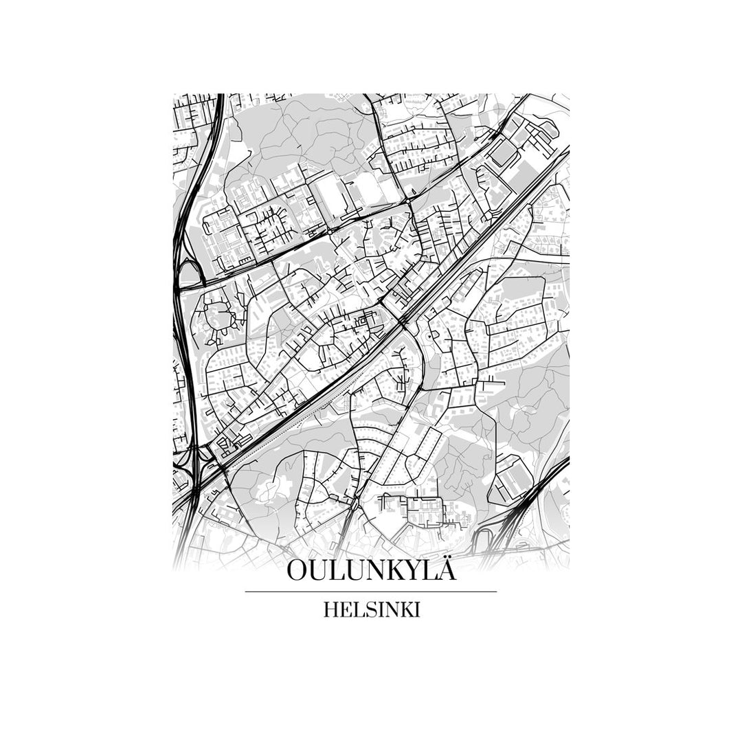 Oulunkylä-karttataulu: mustavalkoinen katukartta kaupungin katuverkosta