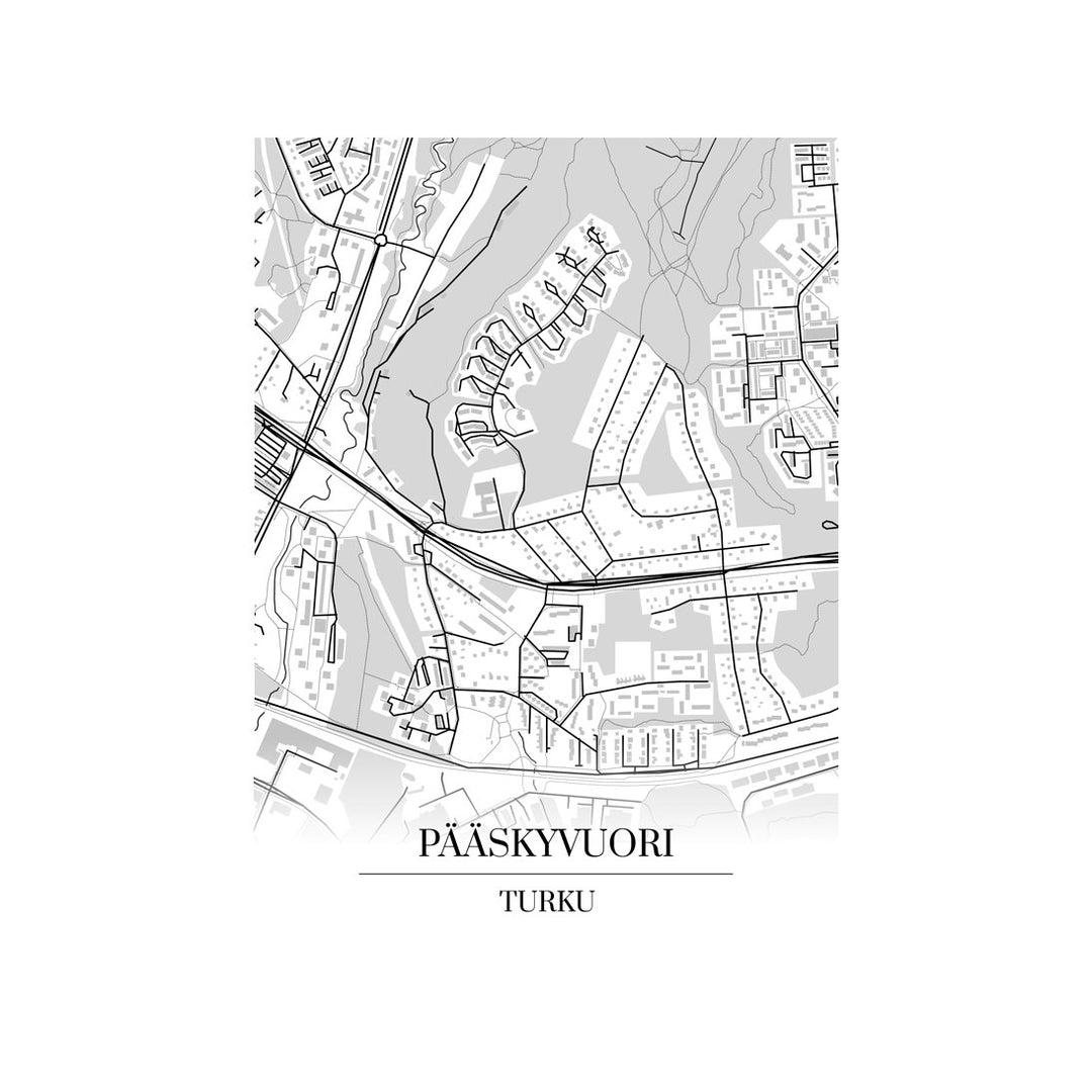 Pääskyvuori-karttataulu: mustavalkoinen katukartta kaupungin katuverkosta