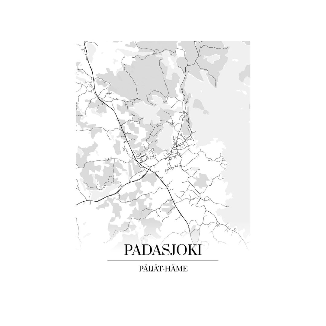 Padasjoki-karttataulu: mustavalkoinen katukartta kaupungin katuverkosta