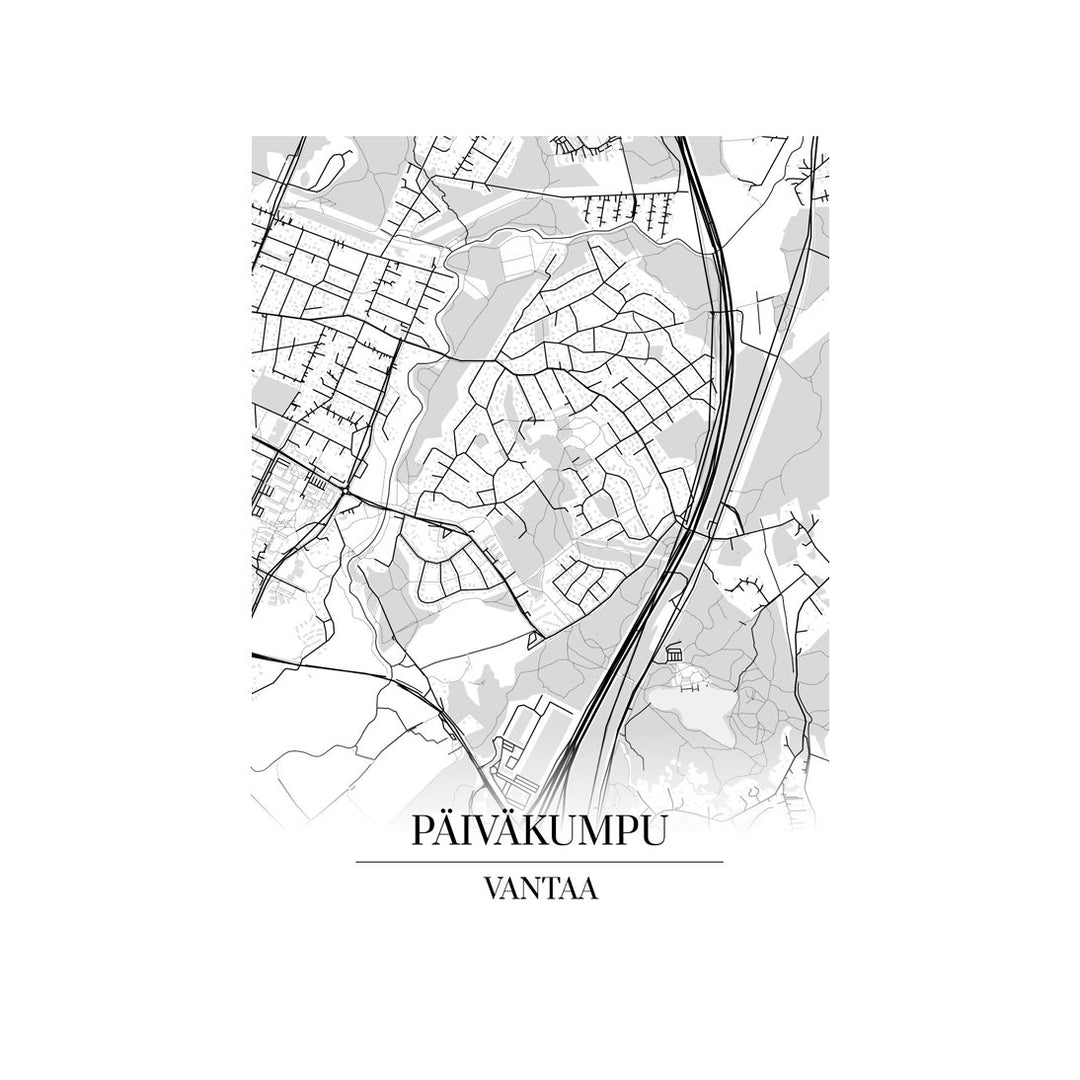 Päiväkumpu-karttataulu: mustavalkoinen katukartta kaupungin katuverkosta
