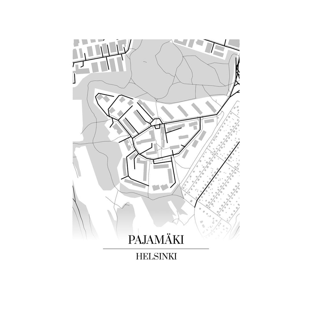 Pajamäki-karttataulu: mustavalkoinen katukartta kaupungin katuverkosta