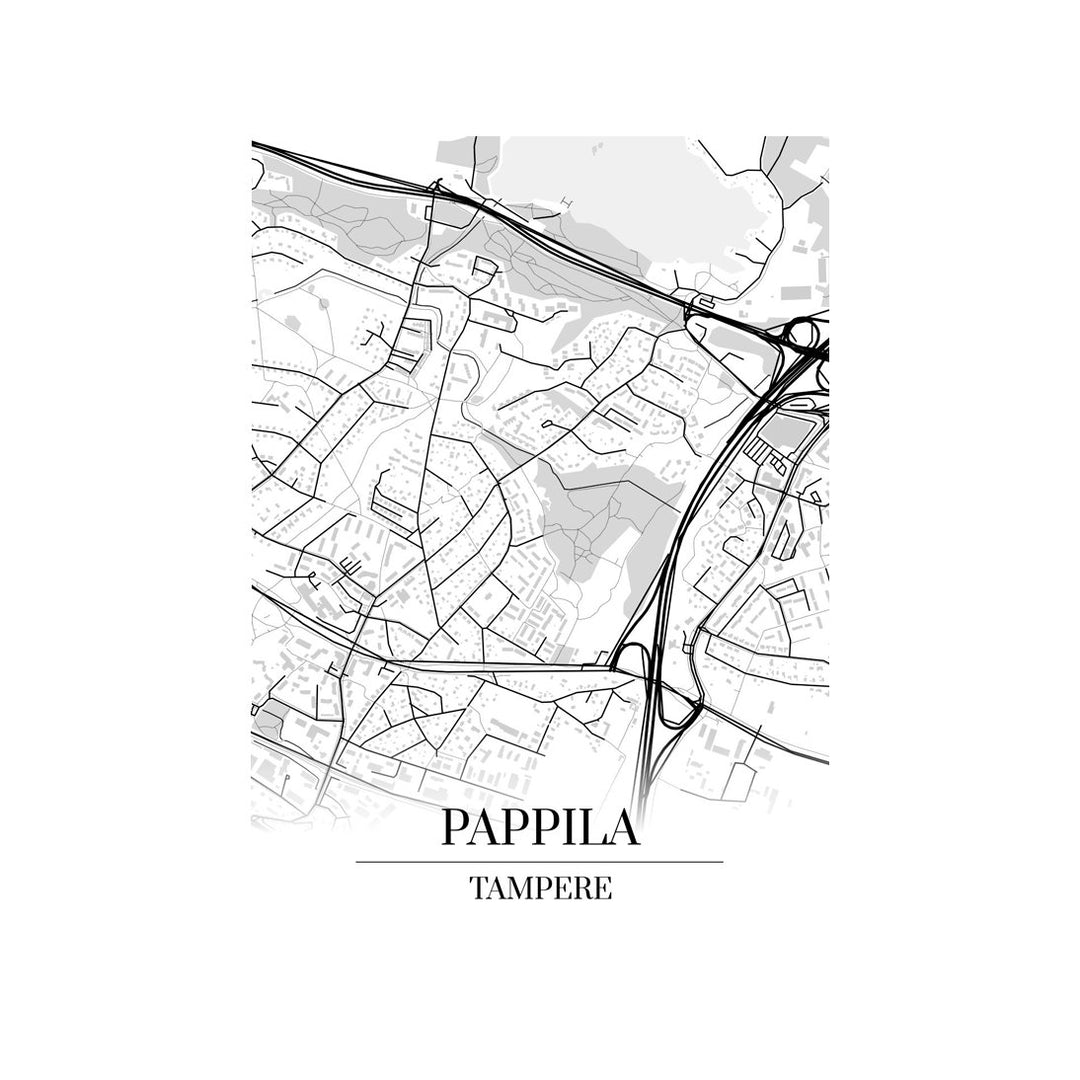 Pappila-karttataulu: mustavalkoinen katukartta kaupungin katuverkosta
